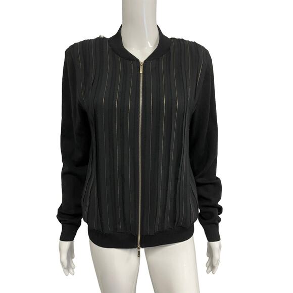 LAFAYETTE 148 Black Silk & Wool Chain Striped Trim Sweater Bomber Jacket Size M - Picture 1 of 5